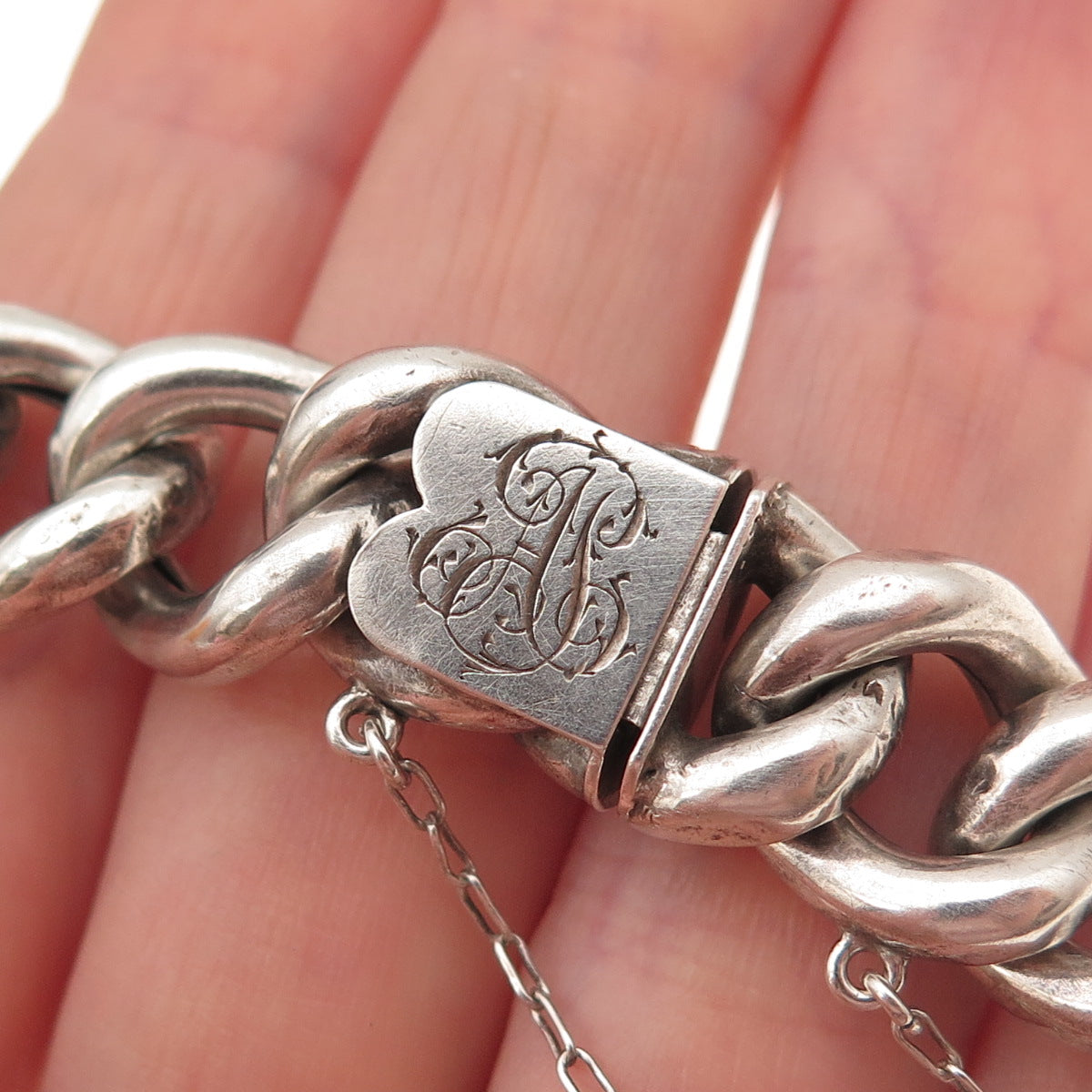 925 Sterling Silver Antique Art Deco Engraved Monogram Cuban Link Bracelet 7.5"