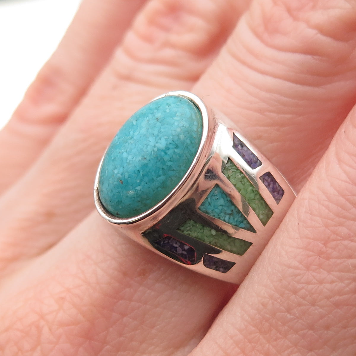 Coleman Co. 925 Sterling Vintage Real Turquoise & Sugilite Inlay Ring Size 9.25
