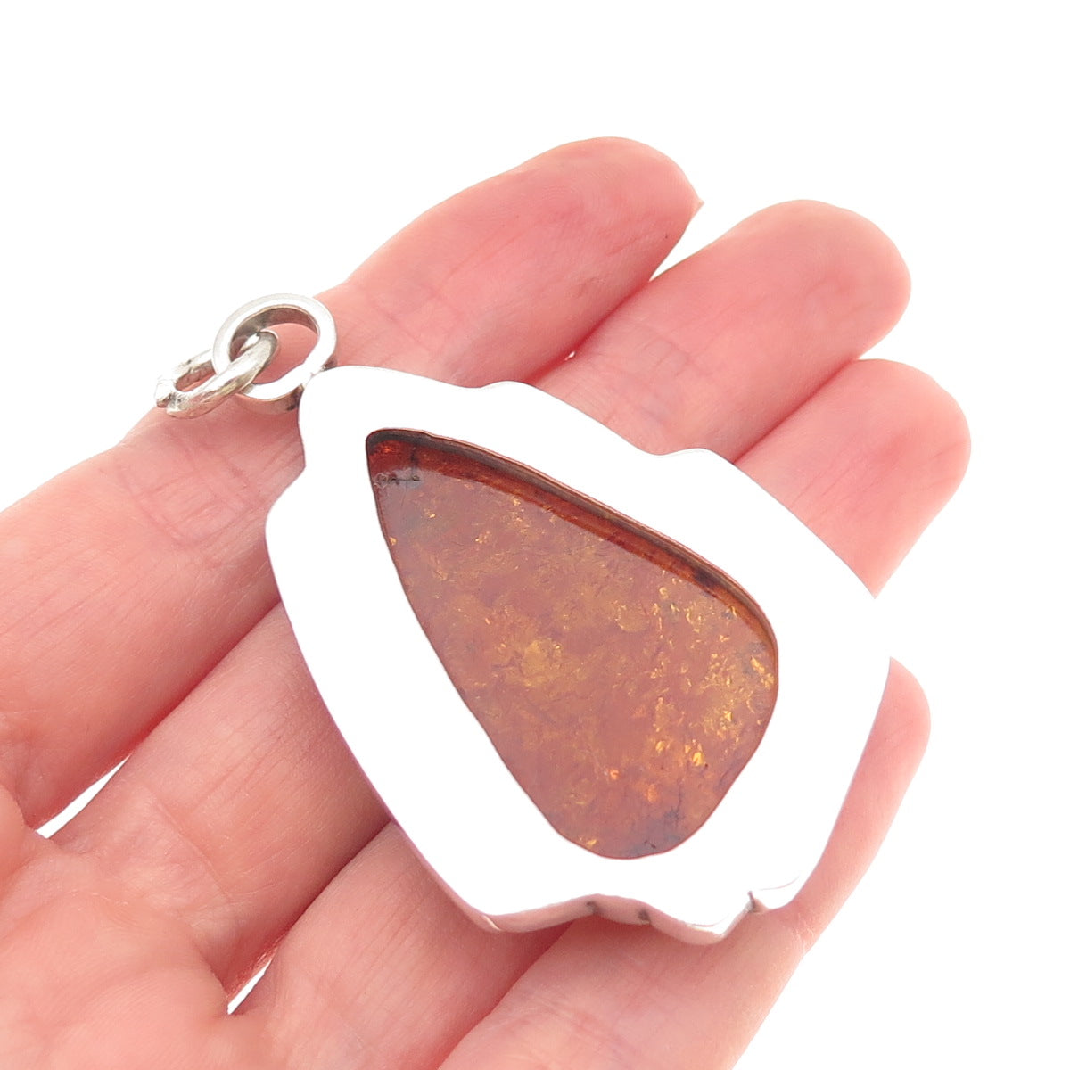 925 Sterling Silver Vintage Real Amber Modernist Oxidized Pendant