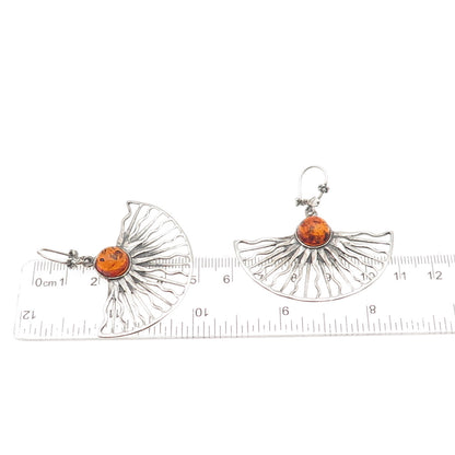 925 Sterling Silver Vintage Poland Real Amber Sun Modernist Dangle Earrings