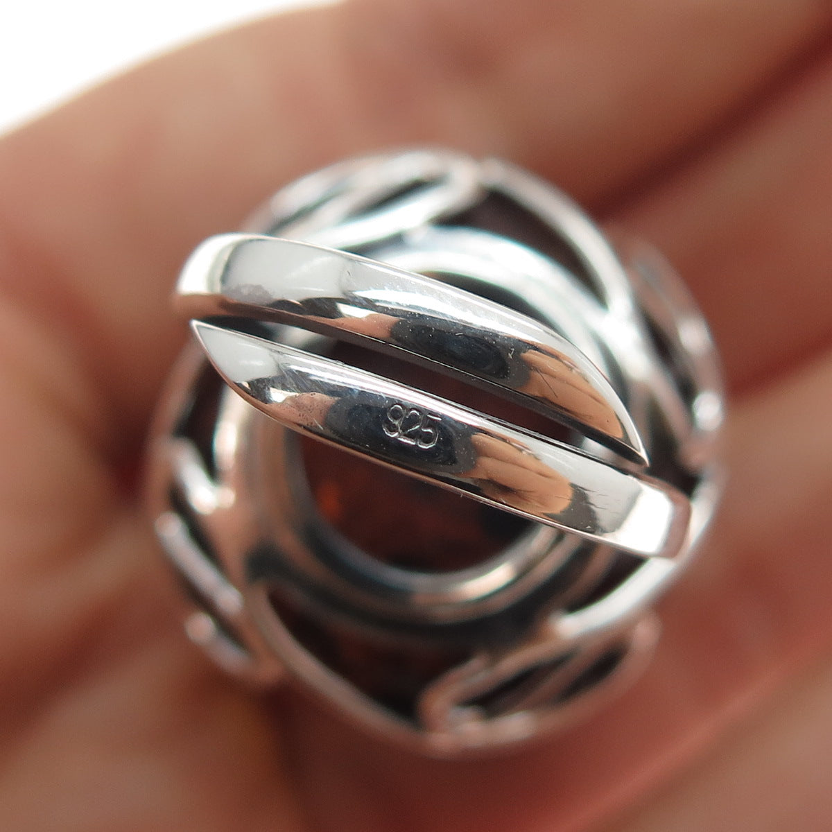 925 Sterling Silver Vintage Real Amber Modernist Ring Size 8.25