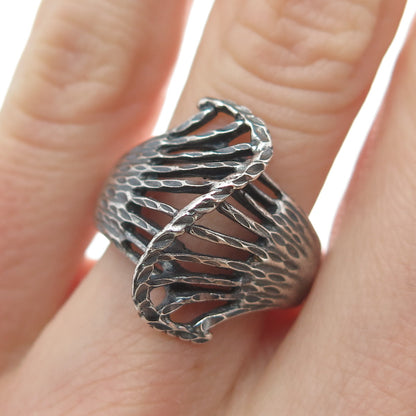 925 Sterling Silver Vintage Diamond-Cut Wavy Spine Oxidized Ring Size 6.75