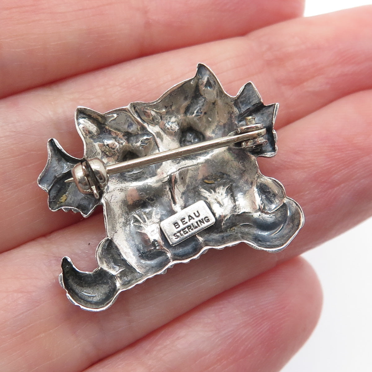 BEAU 925 Sterling Silver Vintage Kitty Cat Couple Oxidized Pin Brooch