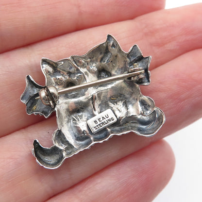 BEAU 925 Sterling Silver Vintage Kitty Cat Couple Oxidized Pin Brooch