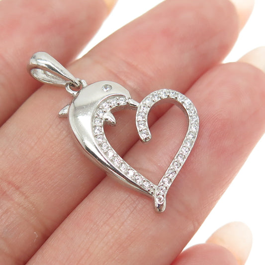 925 Sterling Silver Round-Cut C Z Dolphin Heart Pendant