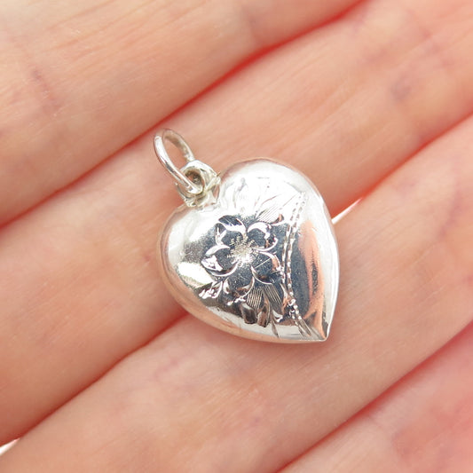 925 Sterling Silver Antique Engraved Flower Heart Chatelaine Mini Charm Pendant