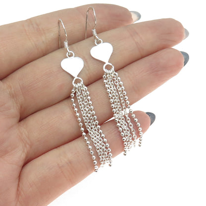 925 Sterling Silver Heart Tassel Drop Chain Earrings