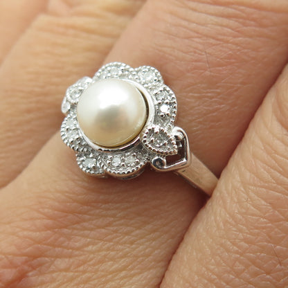 ALWAND VAHAN Sterling Silver Real Round-Cut Diamond Pearl Flower Ring Size 6.75