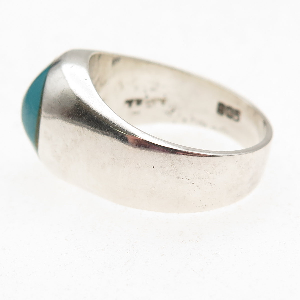 925 Sterling Silver Vintage Mexico Real Turquoise Oxidized Ring Size 10.75