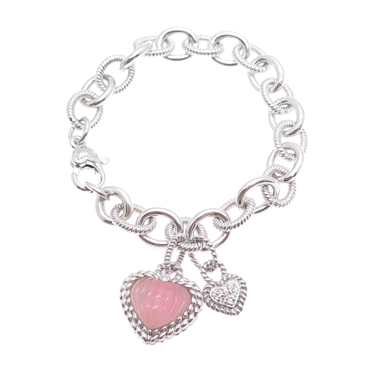 JUDITH RIPKA Sterling Silver Real Rose Quartz & C Z Heart Charm Bracelet 6.5"