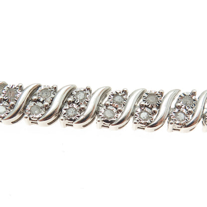 925 Sterling Silver Real Round-Cut Diamond Wavy Tennis Link Bracelet 7.25"