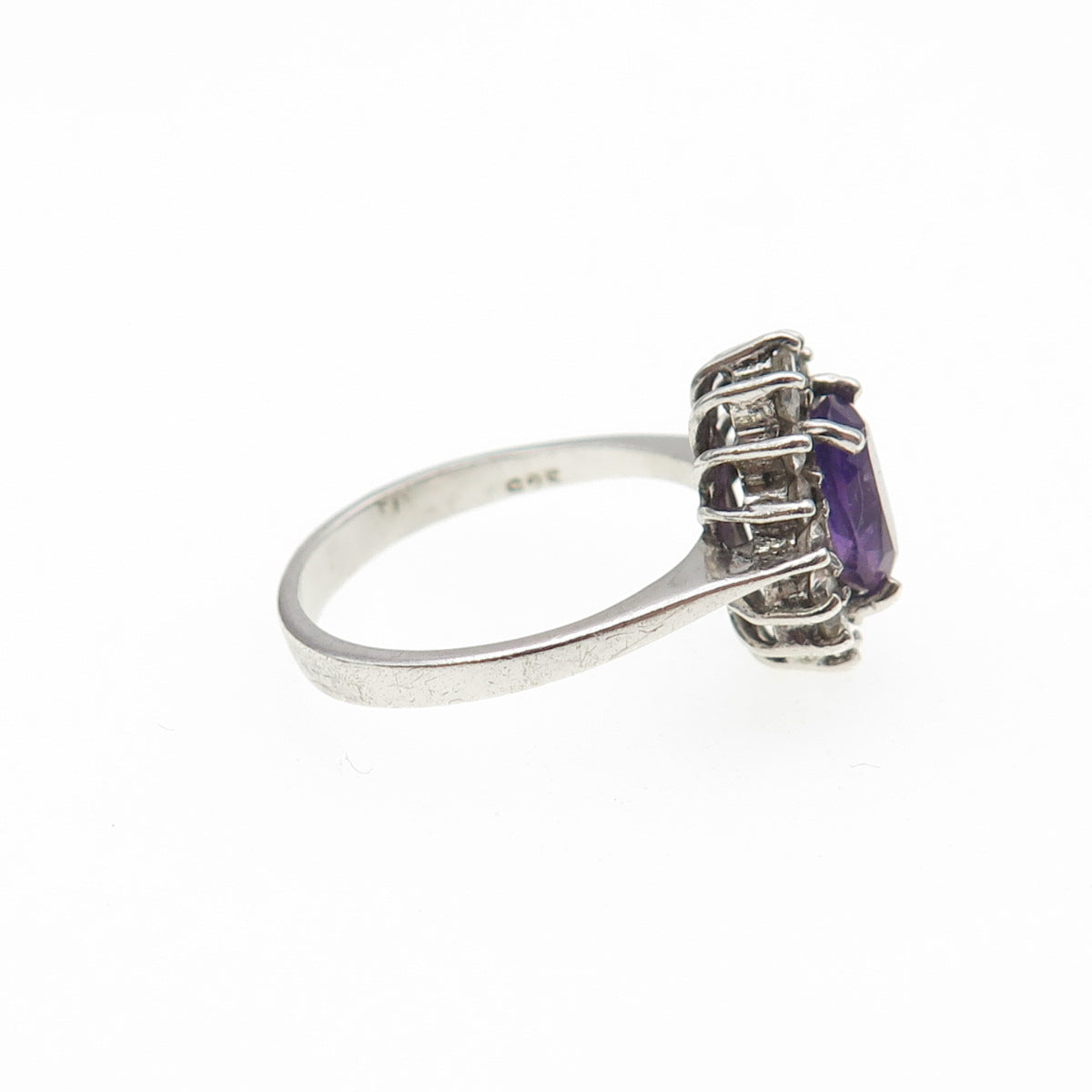 925 Sterling Silver Vintage Real Oval-Cut Amethyst & Round-Cut C Z Ring Size 6
