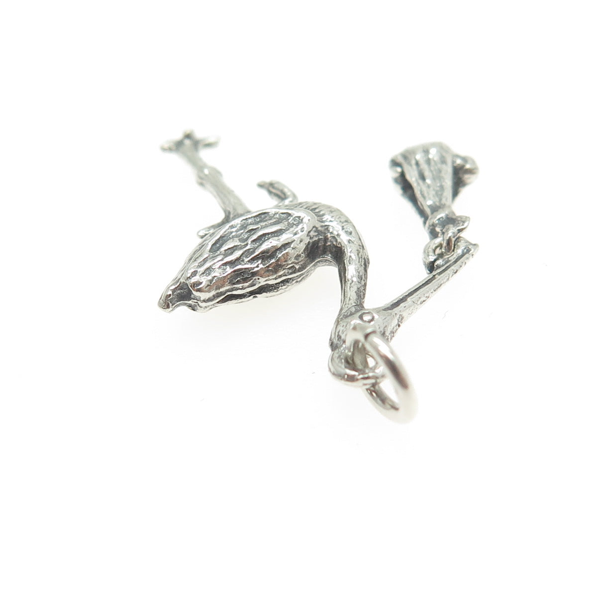 925 Sterling Silver Vintage Stork Carrying a Baby 3D Pendant