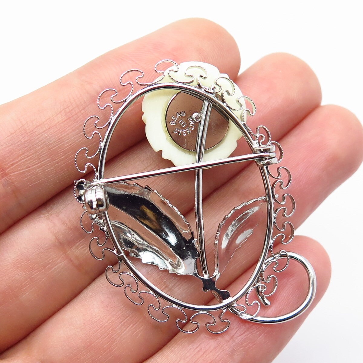 925 Sterling Silver Vintage BEAU Real Shell Rose Floral Pin Brooch