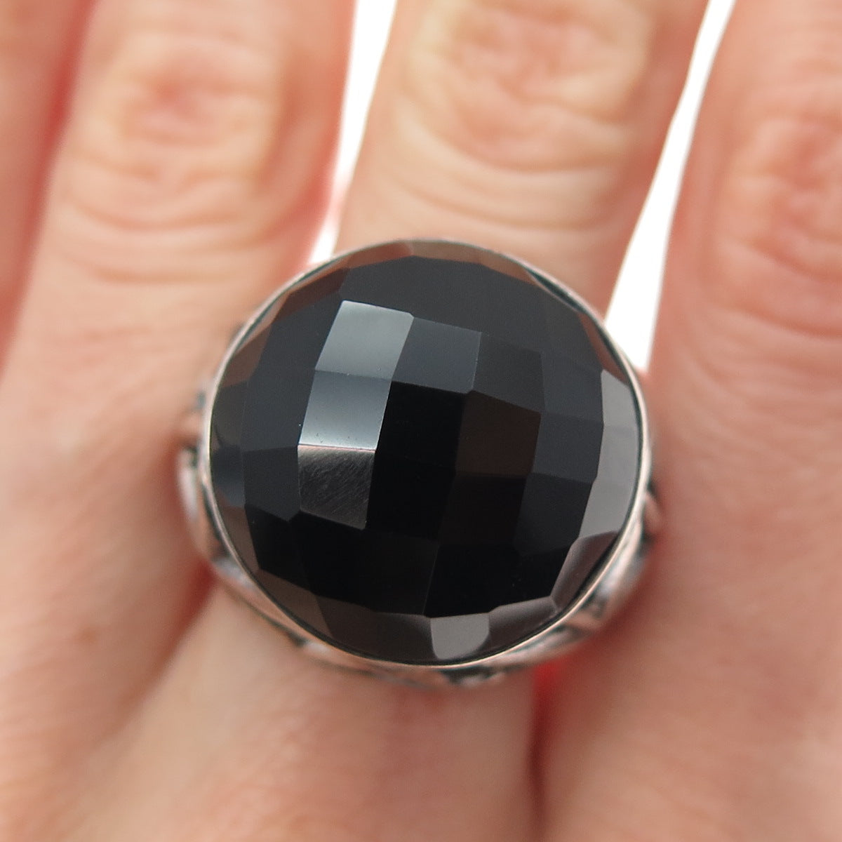925 Sterling Silver Vintage Real Black Spinel Modernist Oxidized Ring Size 7.25
