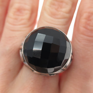 925 Sterling Silver Vintage Real Black Spinel Modernist Oxidized Ring Size 7.25
