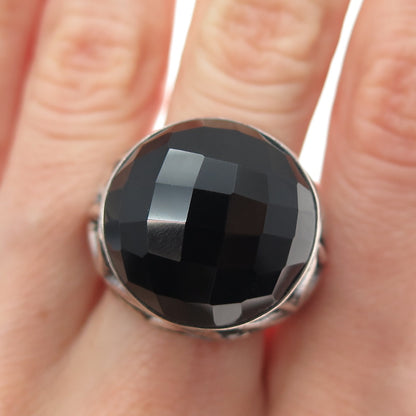 925 Sterling Silver Vintage Real Black Spinel Modernist Oxidized Ring Size 7.25