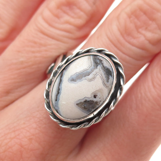 Paul Miller Sterling Silver Vintage Real Agate Modernist Oxidized Ring Size 7.25