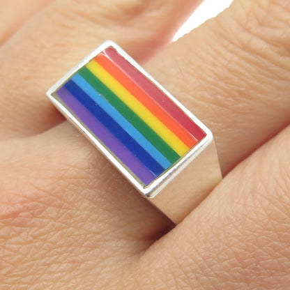 925 Sterling Silver Vintage Rainbow Enamel "Happy Pride" Ring Size 12.25