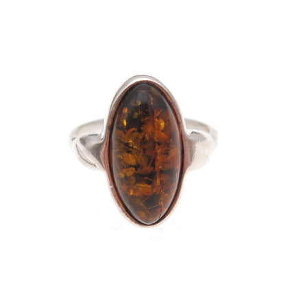 925 Sterling Silver Vintage Real Amber Modernist Oxidized Ring Size 5.75