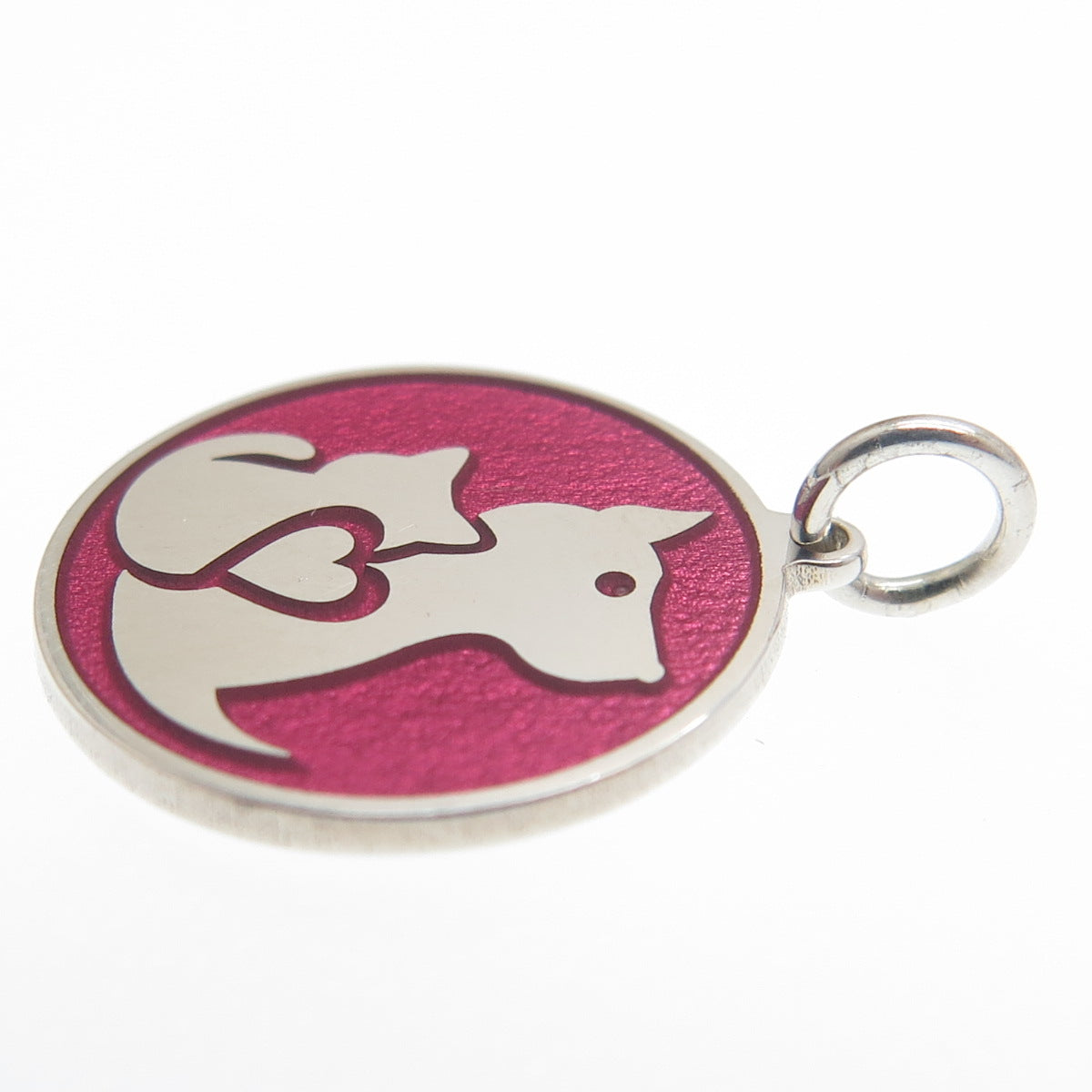 925 Sterling Silver Pink Enamel Cat & Dog Friendship Minimalist Charm Pendant