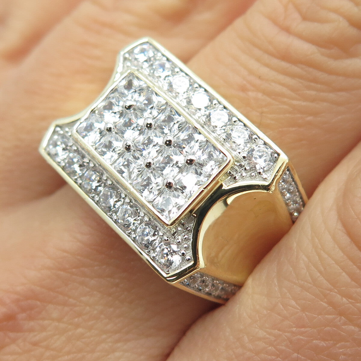 925 Sterling Silver Gold Plated Princess & Round-Cut Shaped C Z Ring Size 10