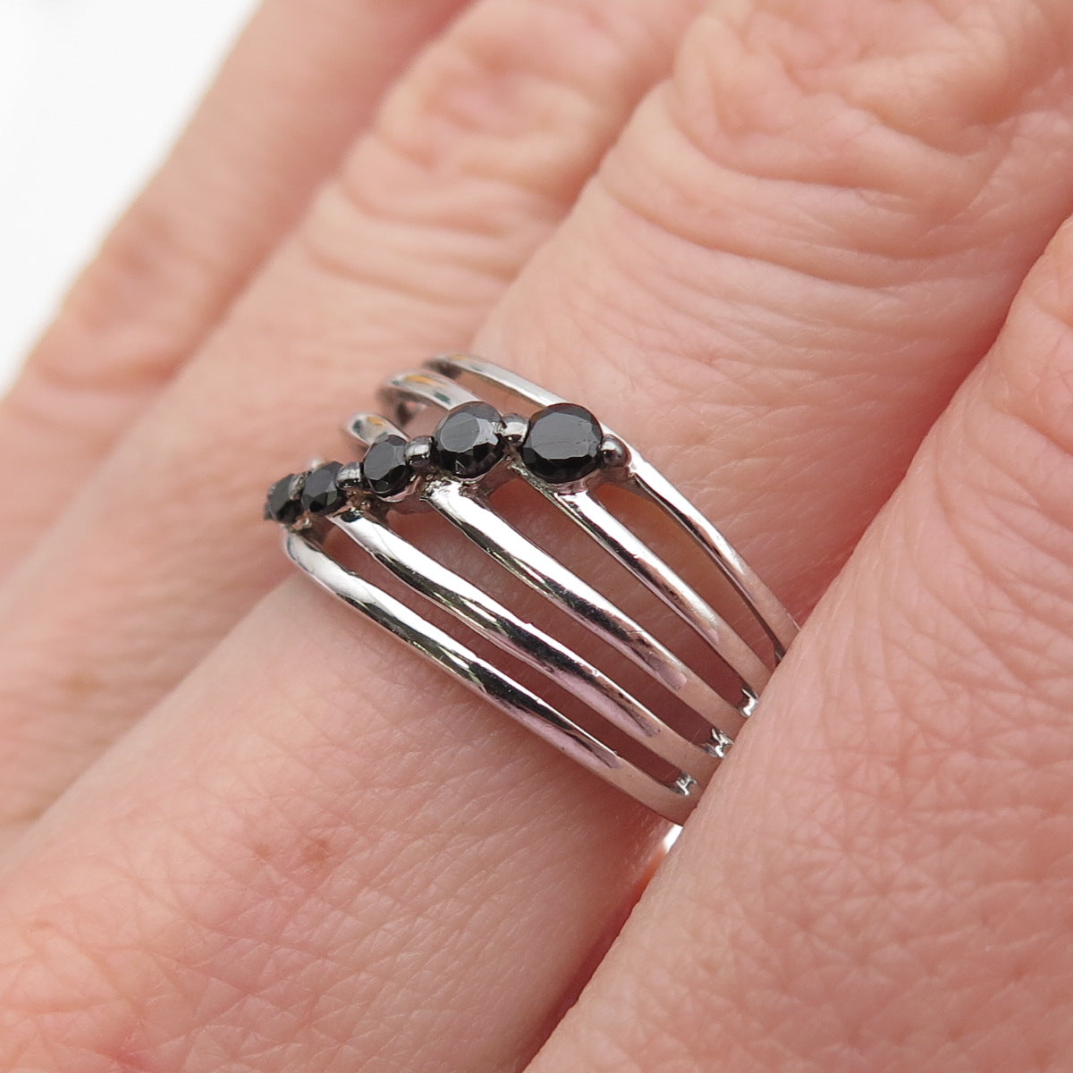 925 Sterling Silver Real Round-Cut Black Spinel Multi-Row Ring Size 7.5