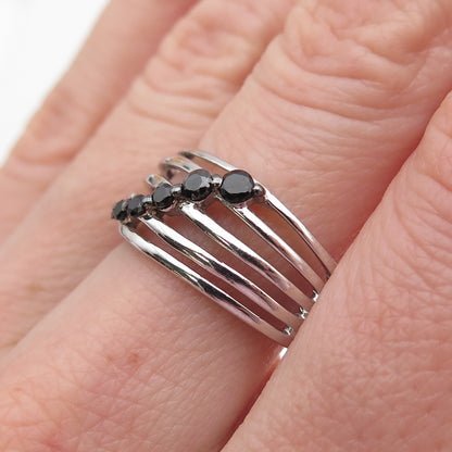 925 Sterling Silver Real Round-Cut Black Spinel Multi-Row Ring Size 7.5
