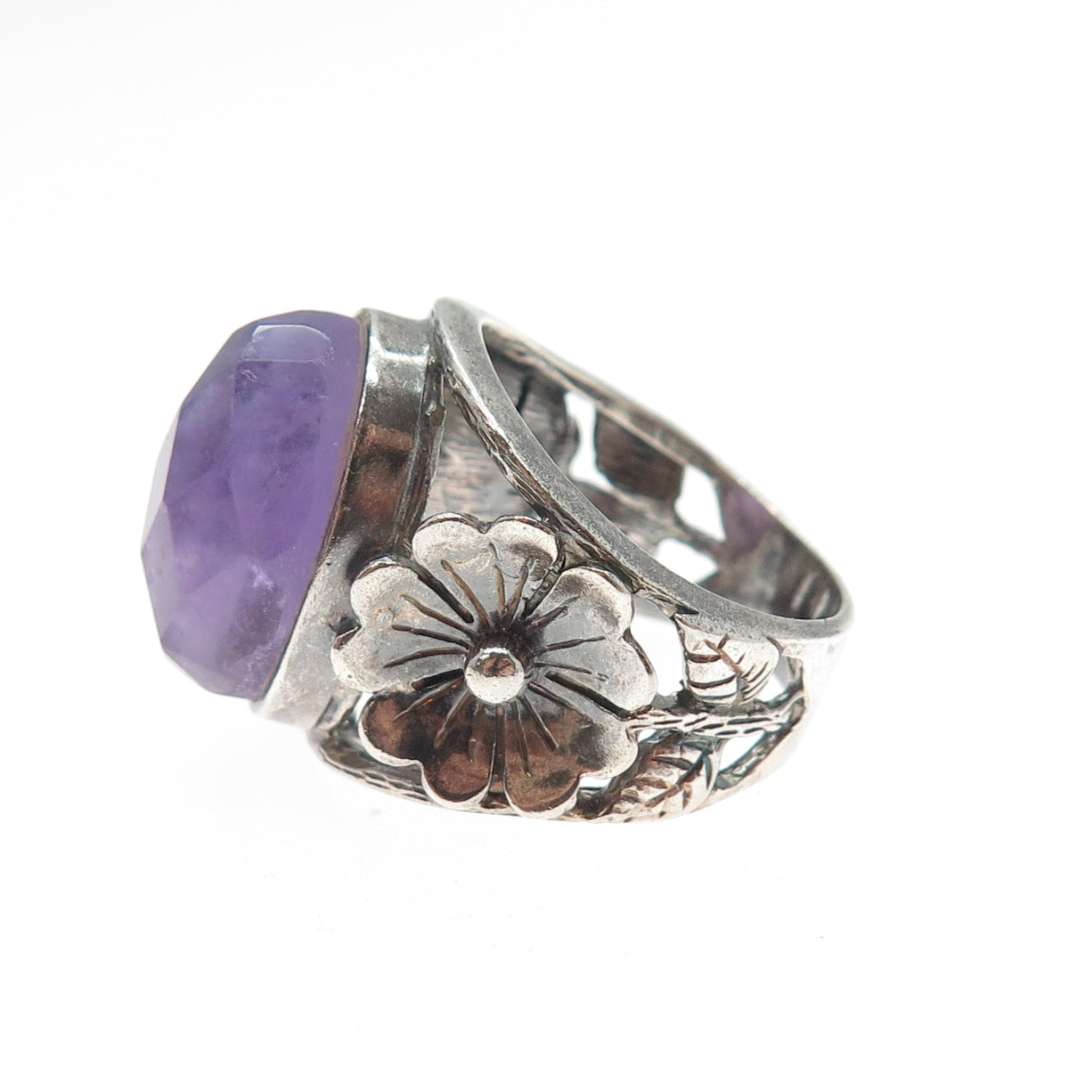 RIDER 950 Silver Vintage Real Amethyst Modernist Flower Oxidized Ring Size 8.75