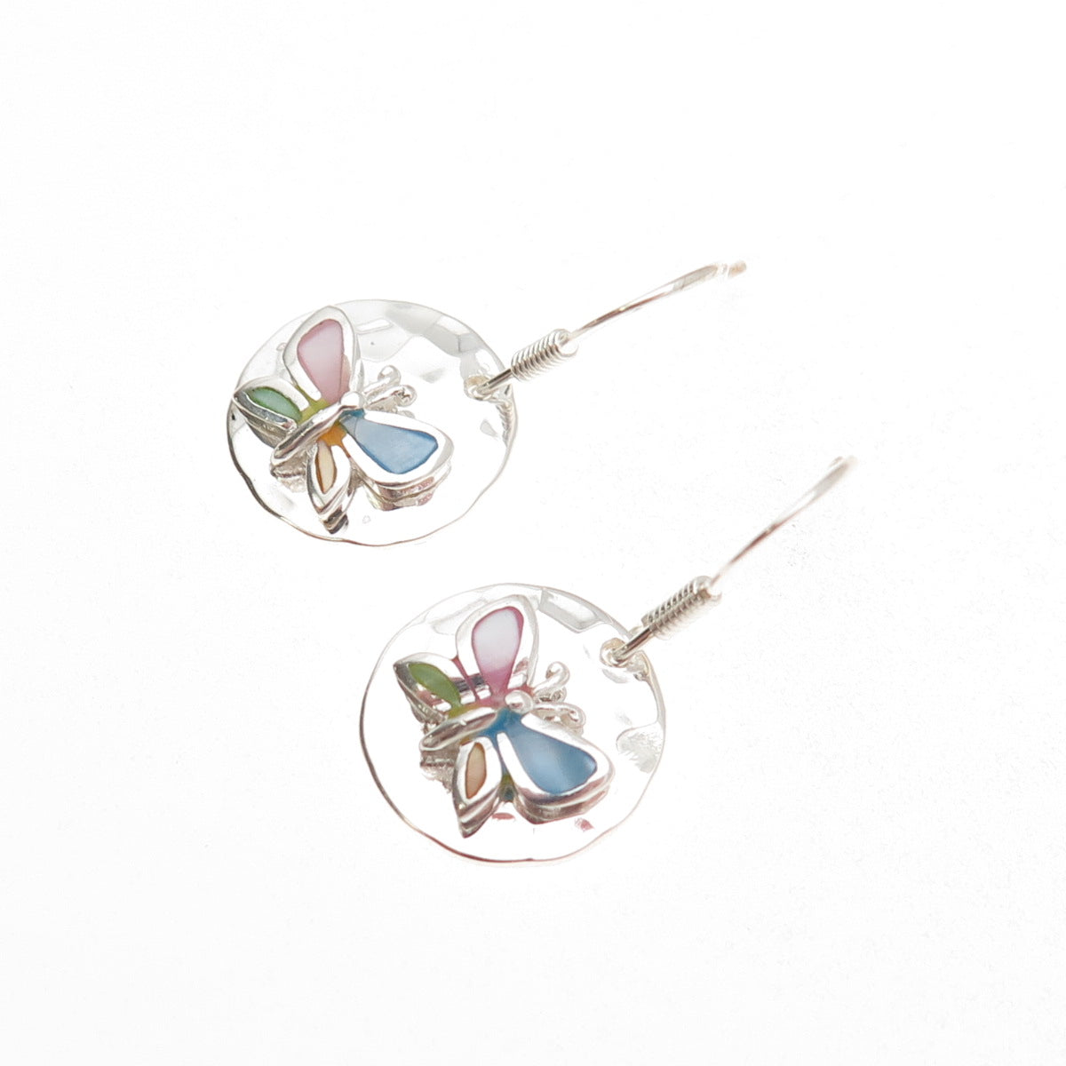 925 Sterling Silver Real Multi-Color MOP Butterfly Disc Dangle Earrings