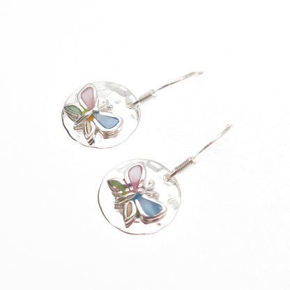 925 Sterling Silver Real Multi-Color MOP Butterfly Disc Dangle Earrings