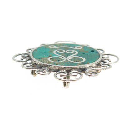 925 Sterling Silver Vintage Mexico Real Azurite Sun Face Ornate Pin Brooch