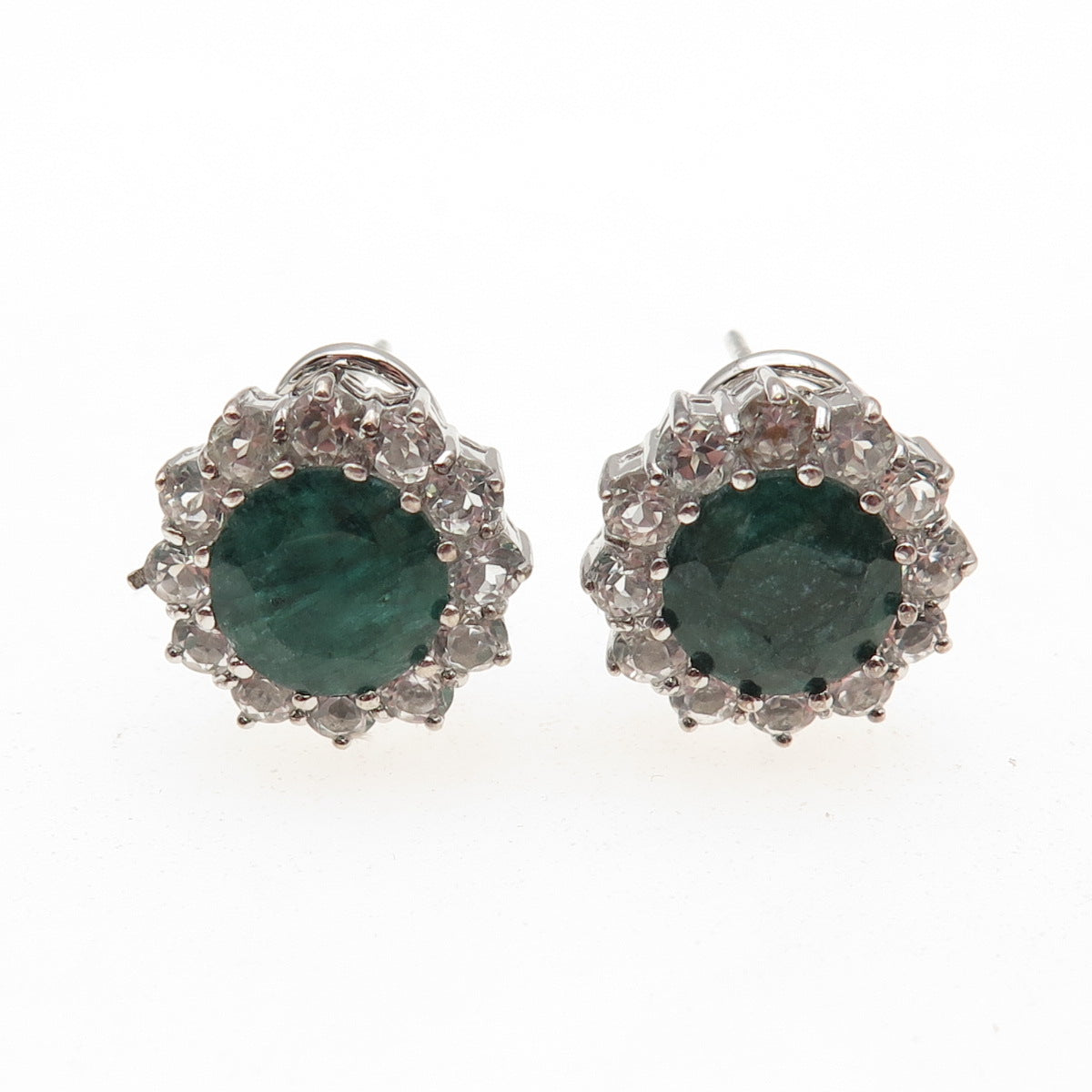 925 Sterling Silver Vintage Real Emerald & White Topaz Omega Back Earrings