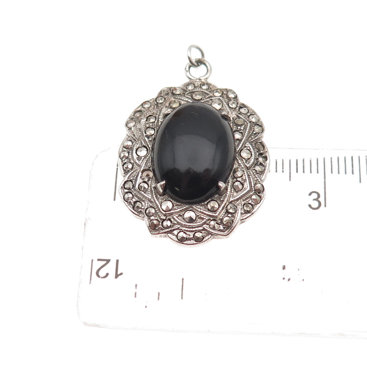 925 Sterling Silver Antique Real Black Onyx Marcasite Pendant (missing 3 stones)