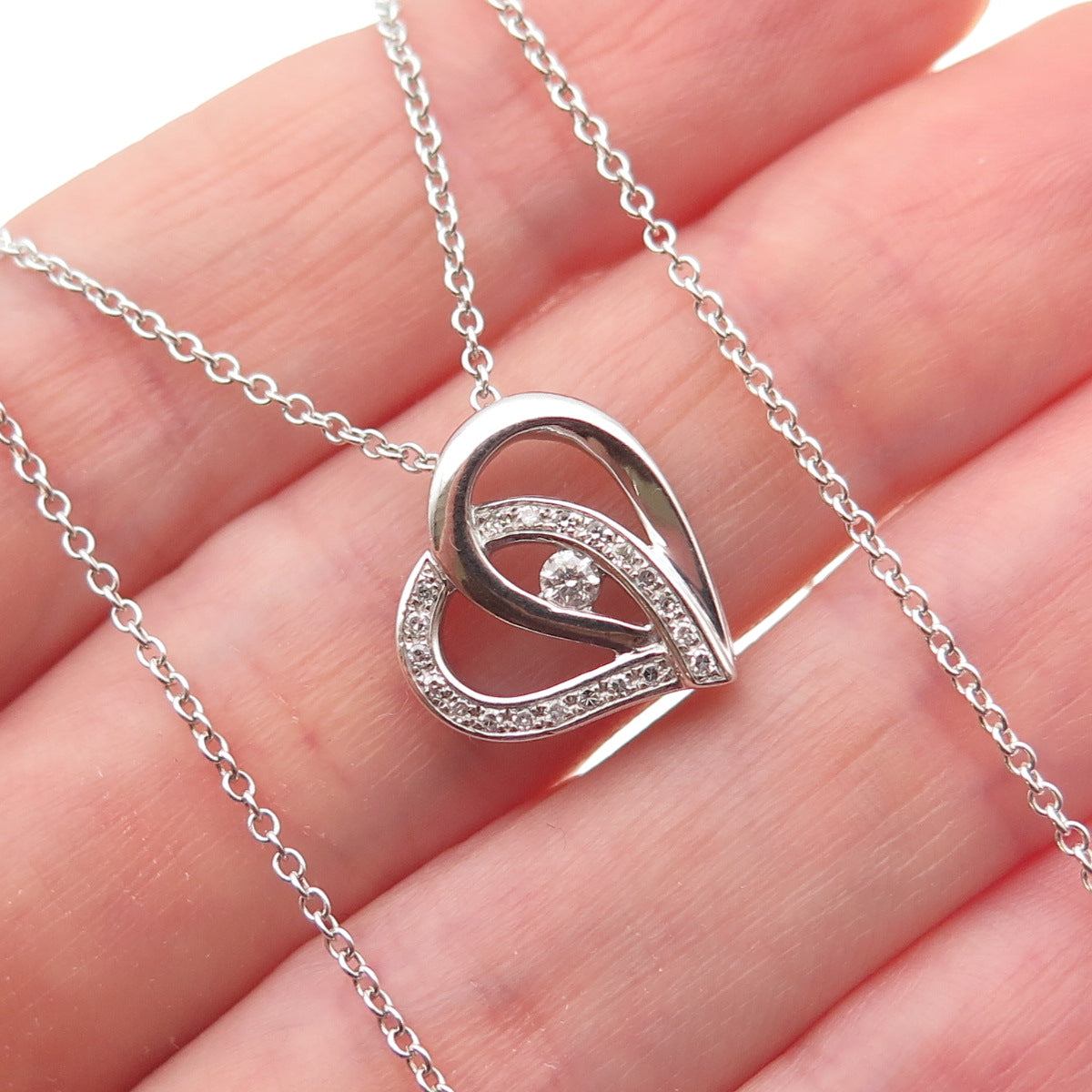 925 Sterling Silver Real Round-Cut Diamond Heart Cable Chain Necklace 18"