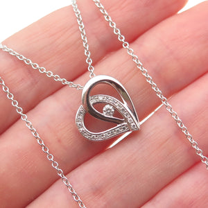925 Sterling Silver Real Round-Cut Diamond Heart Cable Chain Necklace 18"