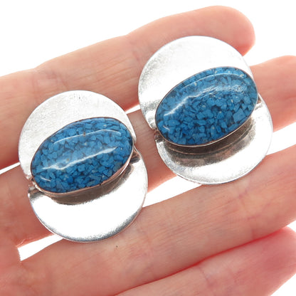 925 Sterling Silver Vintage Real Turquoise Inlay Modernist Clip On Earrings
