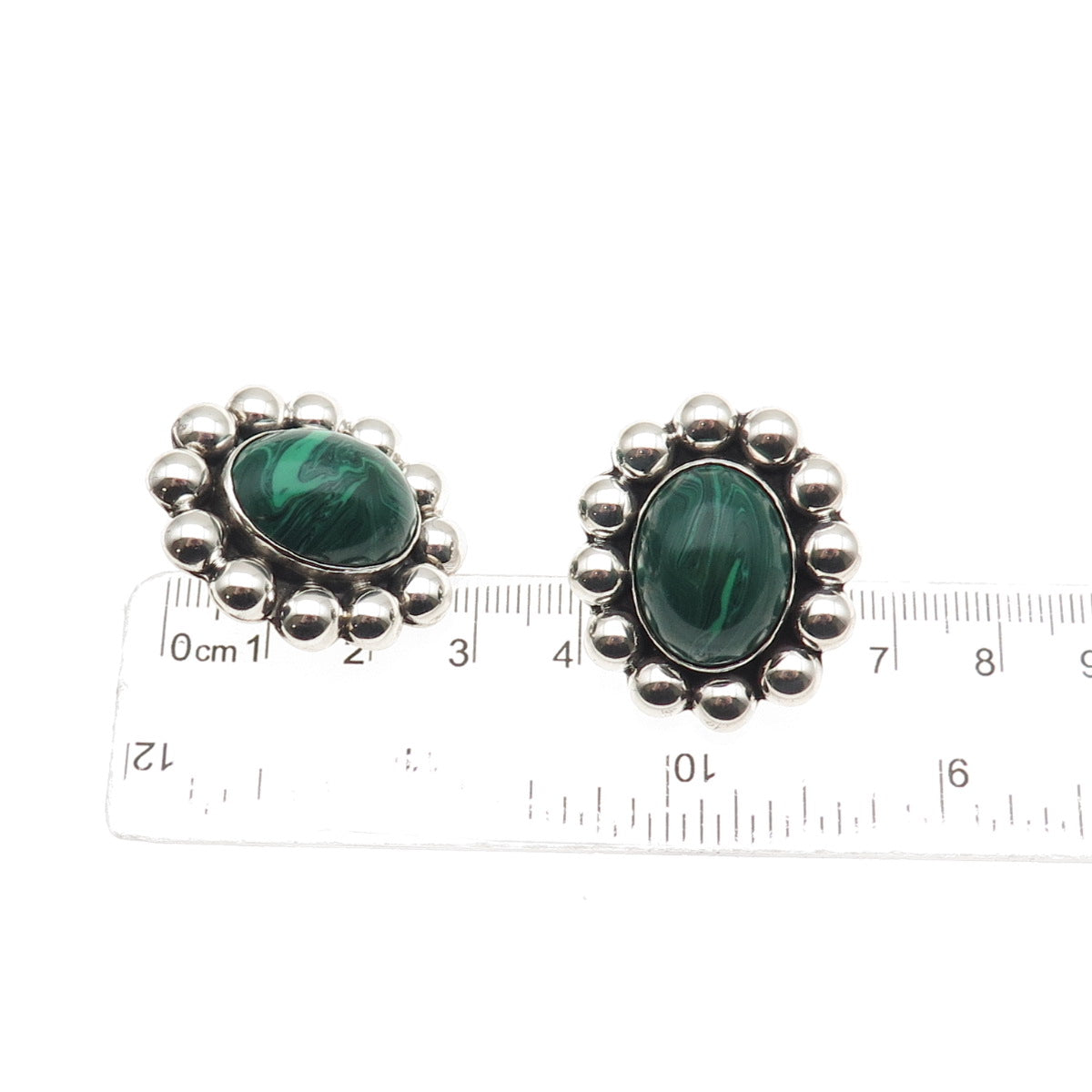 925 Sterling Silver Vintage Mexico Real Malachite Oxidized Beaded Earrings