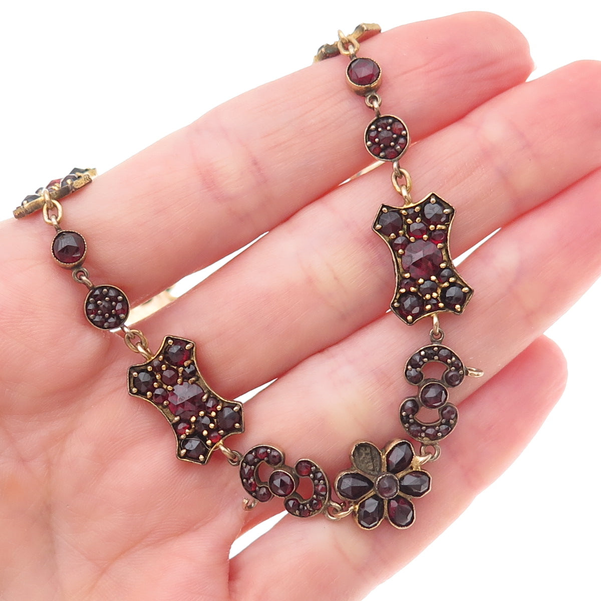 Gold Filled Antique Art Deco Real Bohemian Garnet Necklace 16" (missing stone)
