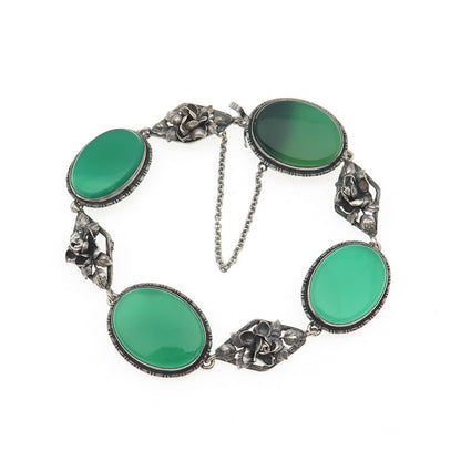 925 Sterling Silver Antique Art Deco Real Green Agate Floral Bracelet 7.25"