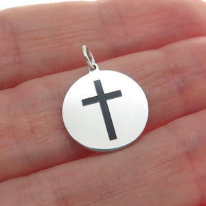 925 Sterling Silver Black Enamel Cross Round Tag Minimalist Charm Pendant