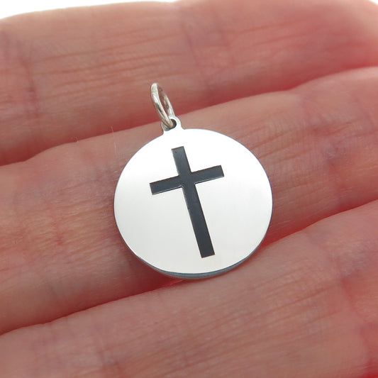 925 Sterling Silver Black Enamel Cross Round Tag Minimalist Charm Pendant