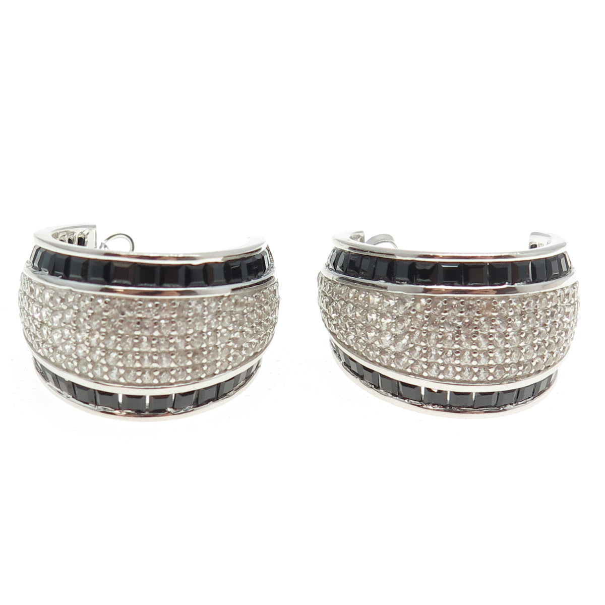 925 Sterling Silver Multi-Cut Black & White C Z Wide Hoop Earrings