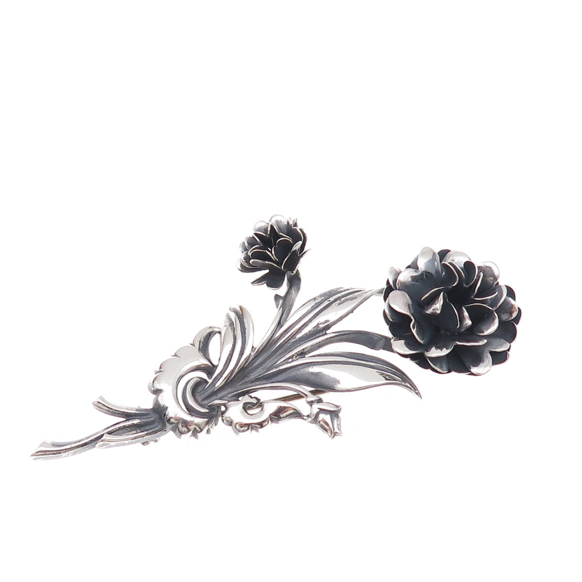 Lang 925 Sterling Silver Antique Art Deco Floral Oxidized Pin Brooch