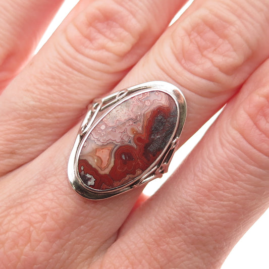 925 Sterling Silver Vintage Real Crazy Lace Agate Oxidized Ring Size 6