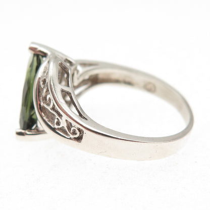 925 Sterling Silver Vintage Real Marquise-Cut Peridot Swirl Bypass Ring Size 7