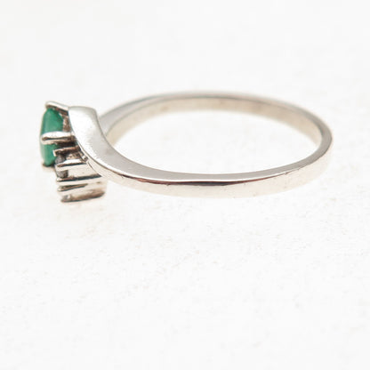 925 Sterling Silver Vintage Real Emerald & C Z Bypass Ring Size 7.25