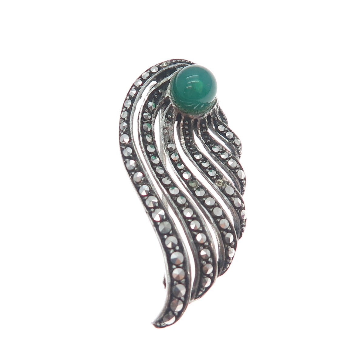 925 Sterling Antique Green Onyx & Marcasite Angel Wing Brooch (missing 1 stone)