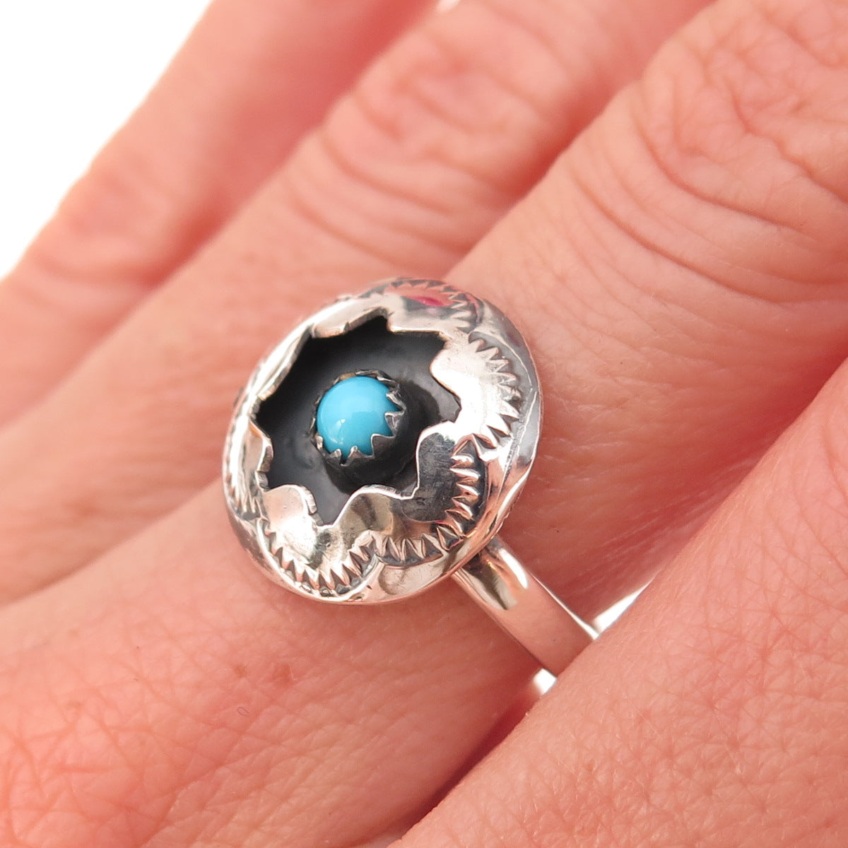 Old Pawn Sterling Silver Vintage Turquoise Snake Eye Shadow Box Ring Size 7.5