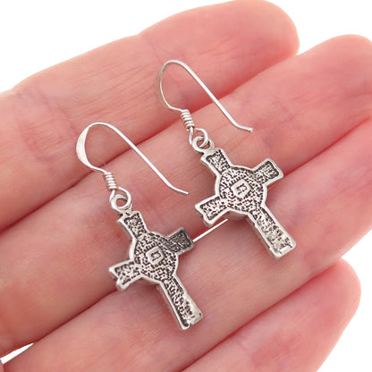 925 Sterling Silver Vintage Real Turquoise Cross Oxidized Dangle Earrings